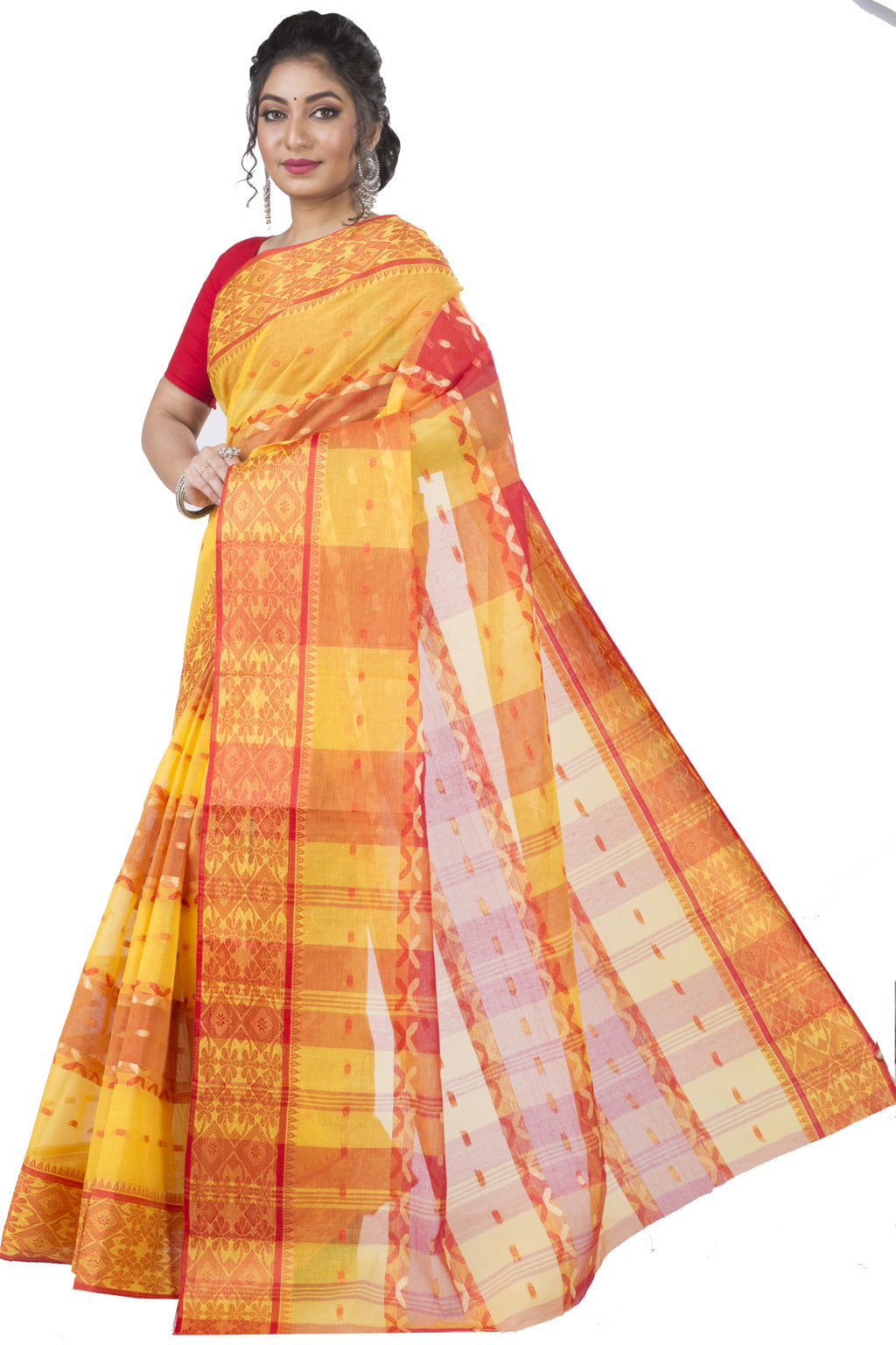 Yellow Red Pure Cotton SonaJhuri Desiging Tant Saree (112)